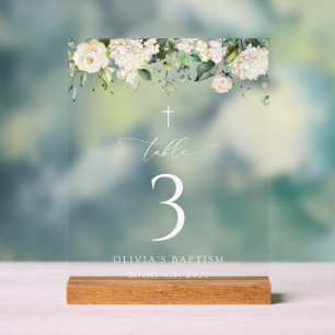 Cream White Flowers, Boho, Baptism Table Numbers Acrylic Sign