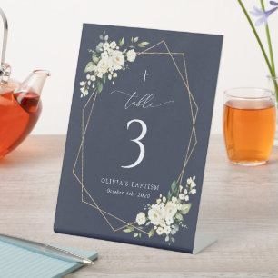 Cream White Flowers, Boho, Baptism Table Numbers Pedestal Sign