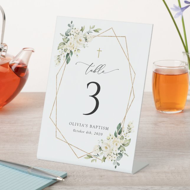 Cream White Flowers, Boho, Baptism Table Numbers Pedestal Sign (In SItu)