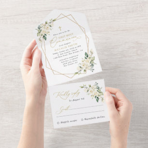 Cream White Flowers, Boho, First Holy Communion All In One Invitation