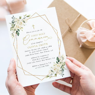 Cream White Flowers, Boho, First Holy Communion Invitation