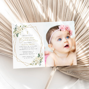 Cream White Flowers, Boho, First Holy Communion Invitation