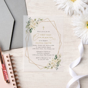 Cream White Flowers, Boho, First Holy Communion Vellum Invitations