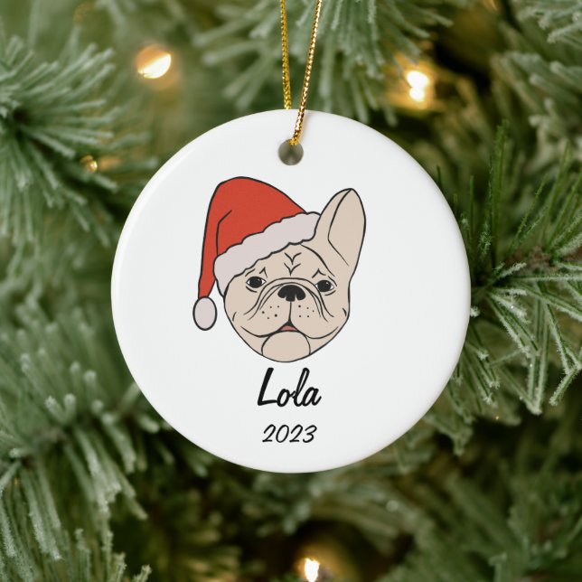 Cream/White Frenchie Santa Hat Christmas Ornament (Tree)