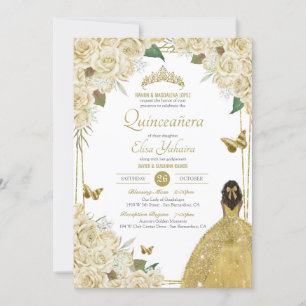 Cream White Gold Floral Butterfly Rose Quinceanera Invitation