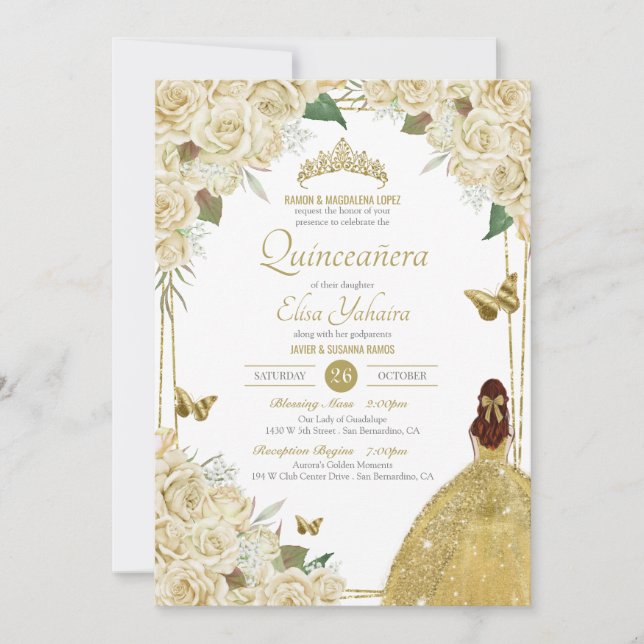 Cream White Gold Floral Butterfly Rose Quinceanera Invitation (Front)