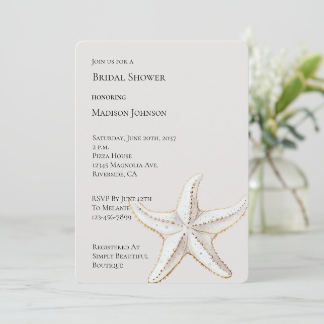 Cream White Gold Starfish Beach Bridal Shower Invitation (Standing Front)