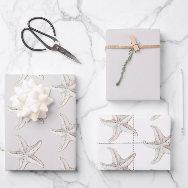 Cream White Gold Starfish Beach Bridal Shower Wrapping Paper Sheet (Front)