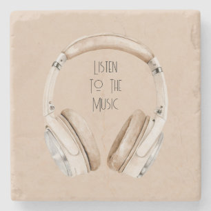 Cream White Headphones Listen To Music Stone Coaster