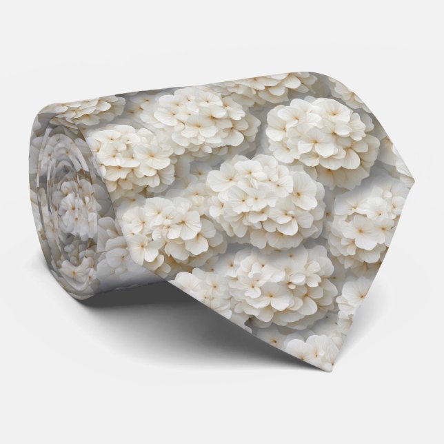 Cream White Hydrangea Floral Pattern Tie (Rolled)