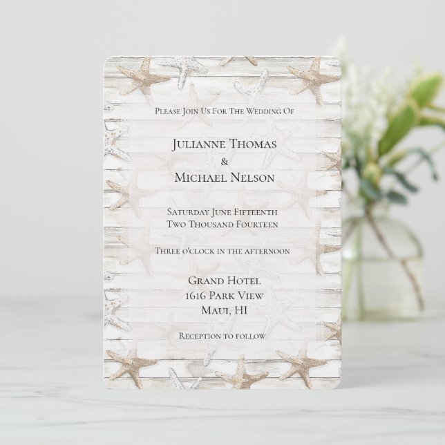 Cream White Ocean Starfish Beach Wedding Invitation (Standing Front)