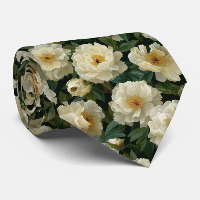 Cream White Peony Floral Pattern Tie (Rolled)