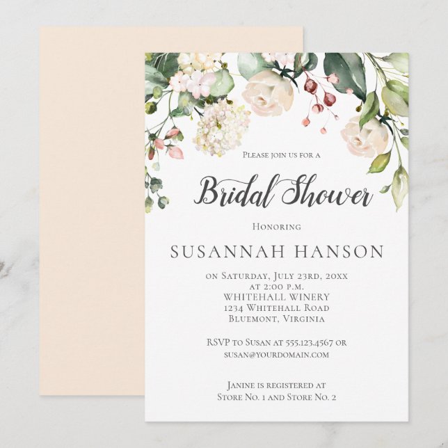 Cream White Pink Watercolor Floral Bridal Shower Invitation (Front/Back)