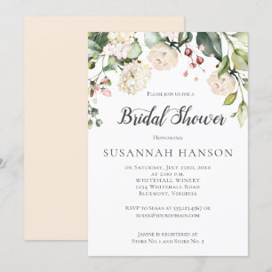 Cream White Pink Watercolor Floral Bridal Shower Invitation