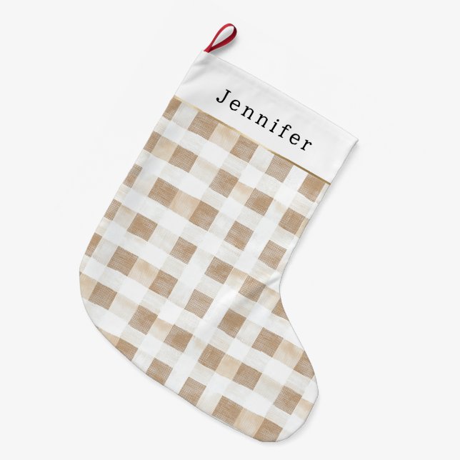 Cream White Plaid Stripes Christmas Large Christmas Stocking (Front (Hanging))