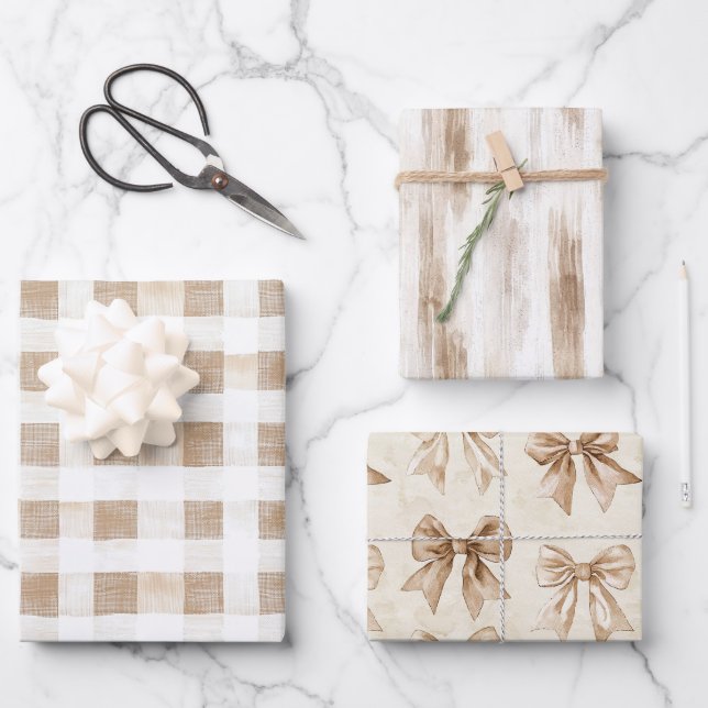 Cream White Plaid Stripes Floral Birthday Wrapping Paper Sheet (Front)