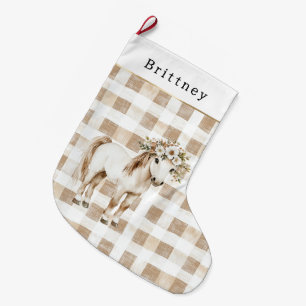 Cream White Plaid Stripes Floral Horse Christmas Large Christmas Stocking
