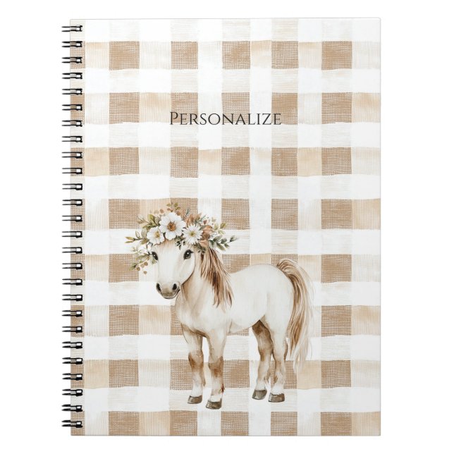 Cream White Plaid Stripes Floral Horse Notebook (Front)