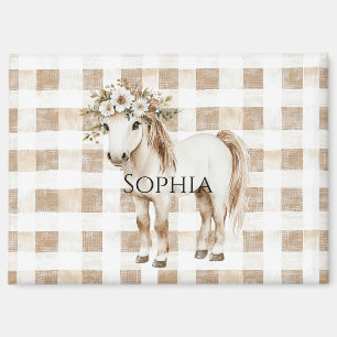 Cream White Plaid Stripes Horse Birthday Magnet