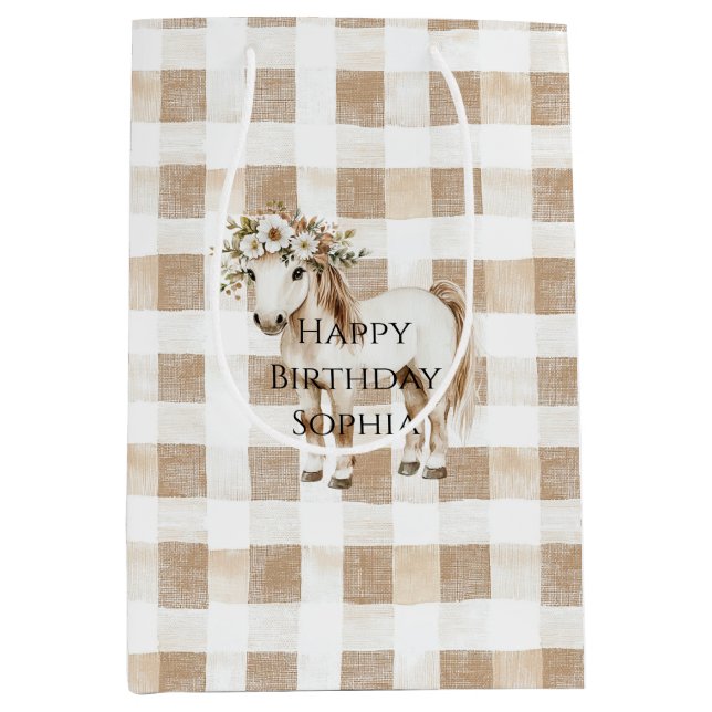 Cream White Plaid Stripes Horse Birthday Medium Gift Bag (Front)
