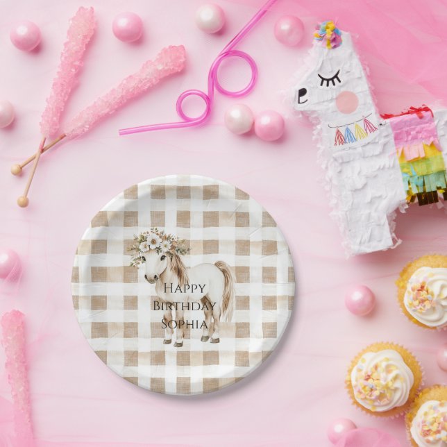 Cream White Plaid Stripes Horse Birthday Paper Plate (Party)