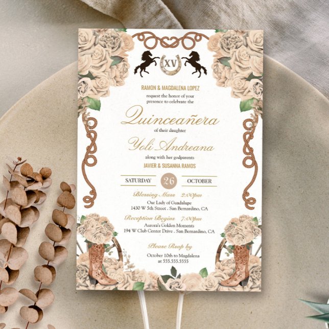 Cream White Rose Western Charro Quinceañera Invitation (Creator Uploaded)