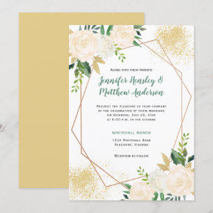 Cream White Roses Geometric Gold Glitter Invitation