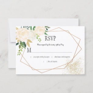 Cream White Roses Glitter Greenery Geometric RSVP Card