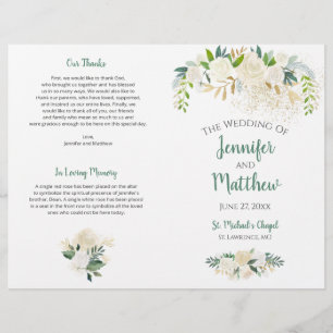 Cream White Roses Gold Glitter Wedding Program