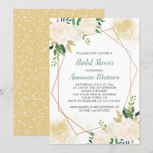 Cream White Roses Greenery Geometric Bridal Shower Invitation