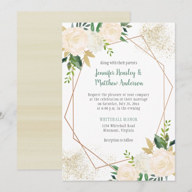 Cream White Roses Modern Geometric Gold Glitter Invitation (Front/Back)