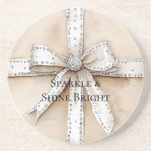 Cream White Silver Glitzy Glam Bow Birthday Coaster