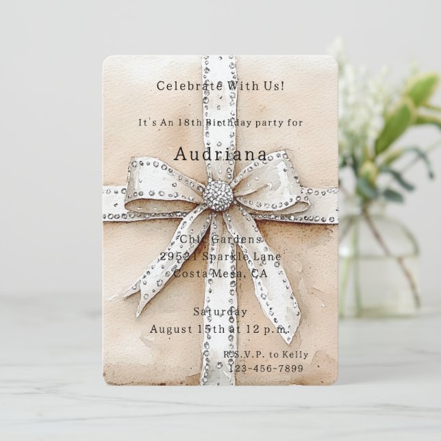 Cream White Silver Glitzy Glam Bow Birthday Invitation (Standing Front)