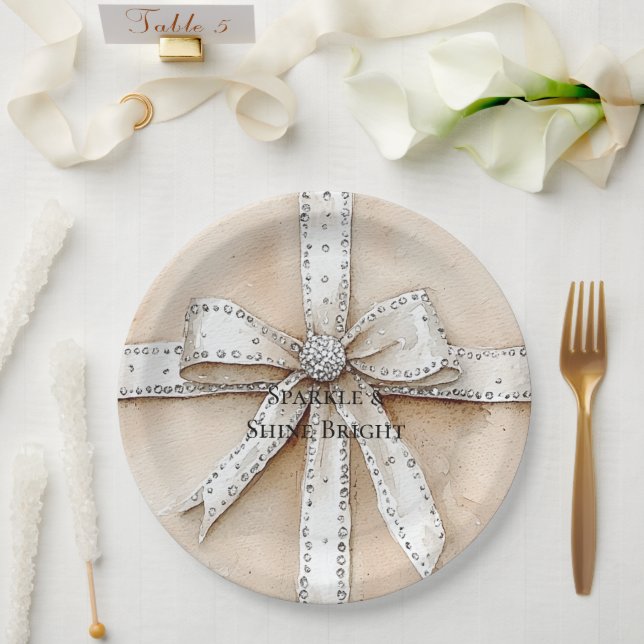 Cream White Silver Glitzy Glam Bow Birthday Paper Plate (Wedding)