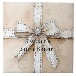 Cream White Silver Glitzy Glam Bow Birthday Tile