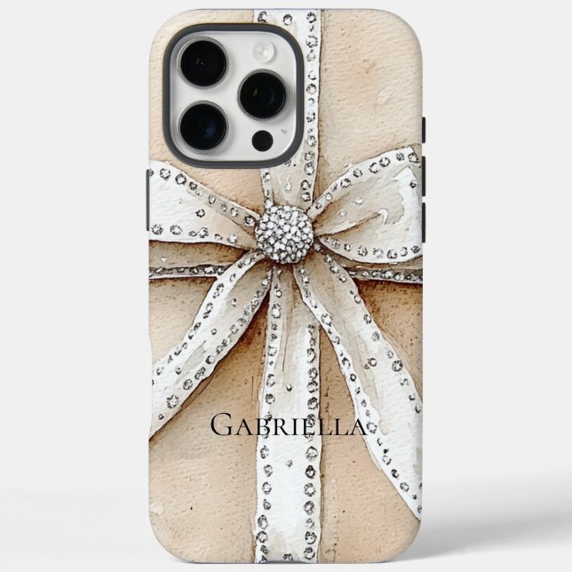 Cream White Silver Glitzy Glam Bow Case-Mate iPhone Case (Back)