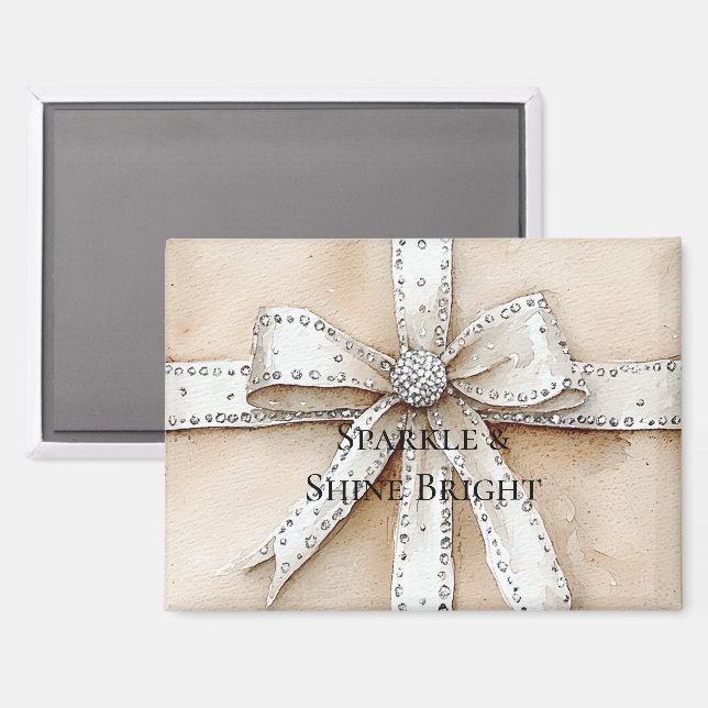 Cream White Silver Glitzy Glam Bow Christmas Magnet (Front/Back)