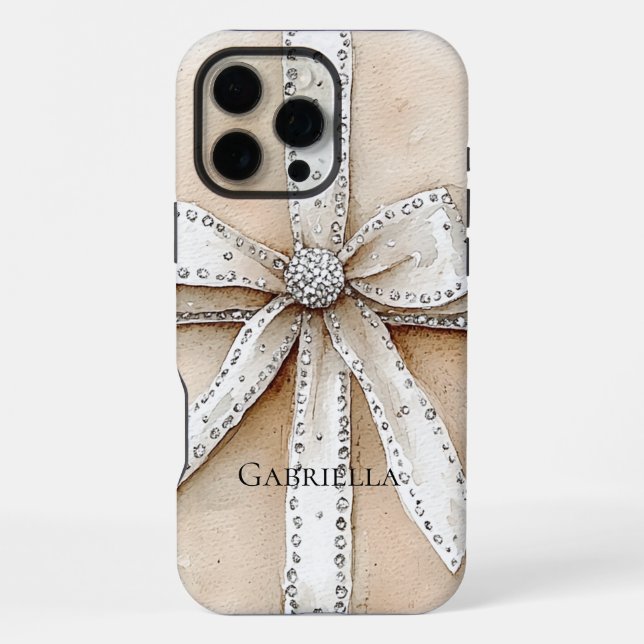 Cream White Silver Glitzy Glam Bow iPhone Case (Back)