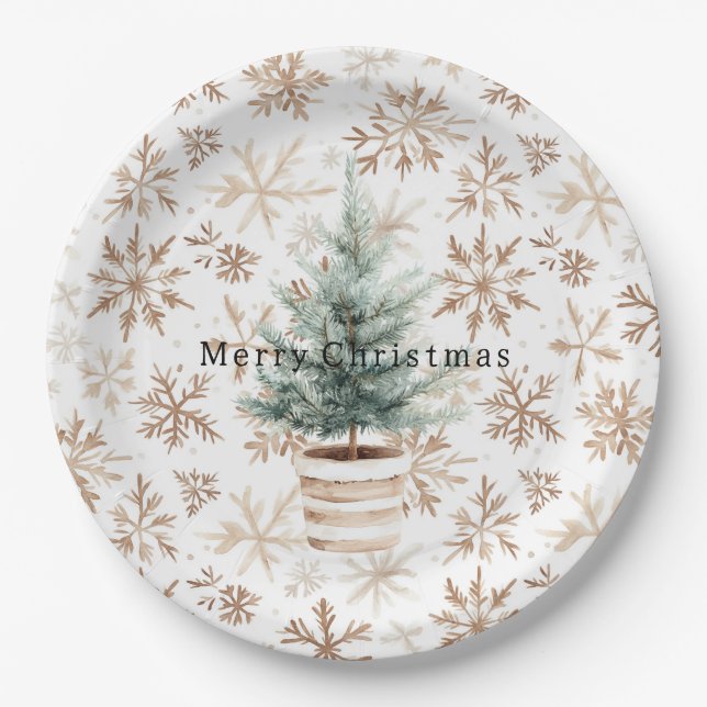 Cream White Snowflakes Christmas Tree  Paper Plate (Front)