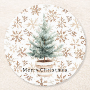 Cream White Snowflakes Christmas Tree Round Paper Coaster