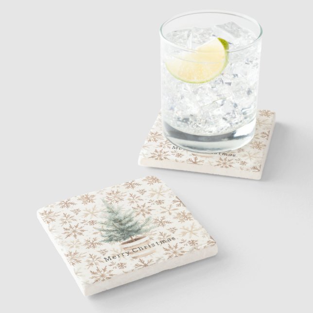 Cream White Snowflakes Christmas Tree  Stone Coaster (Side)