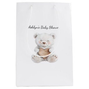 Cream White Teddy Bears Hearts Baby Shower Medium Gift Bag