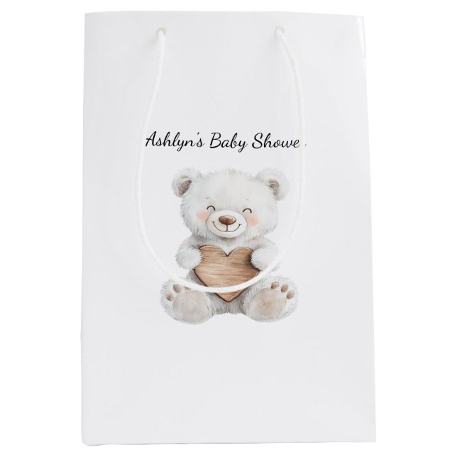 Cream White Teddy Bears Hearts Baby Shower Medium Gift Bag (Front)