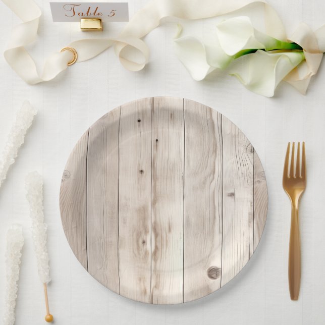 Cream White Wood Wedding Paper Plate (Wedding)