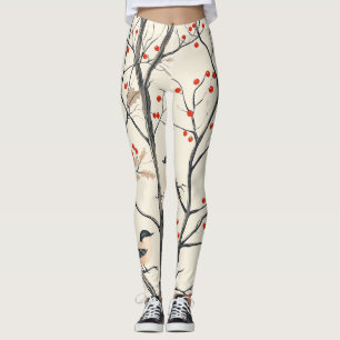 Cream Winter Songbird Red Berry Pattern Leggings