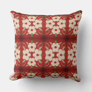 Cream With Cranberry Red Floral Throw Pillow