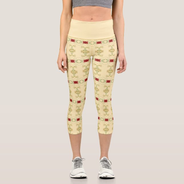 Cream With Floral Pattern Capri Leggings (Front)