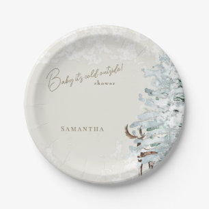 Cream Woodland Baby it's Cold Outside Paper Plate