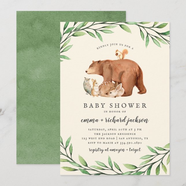 Cream Woodland Greenery Forest Animals Baby Shower Invitation (Front/Back)