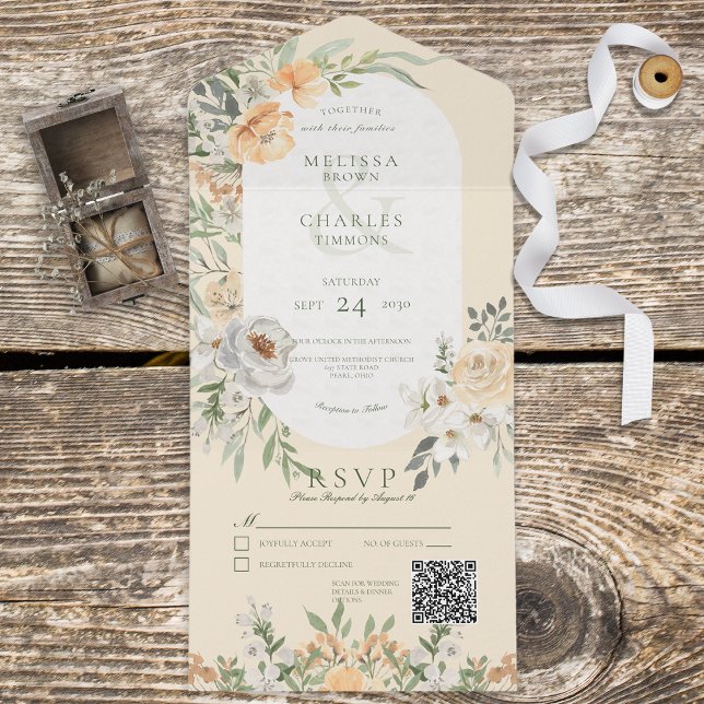 Cream & Yellow Boho Floral Yellow QR Code All In One Invitation (Creator Uploaded)